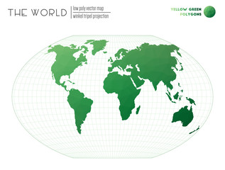 Polygonal map of the world. Winkel tripel projection of the world. Yellow Green colored polygons. Stylish vector illustration.