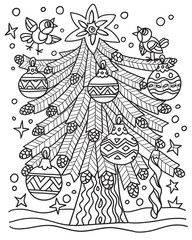Christmas tree decorated with balls and birds. Hand drawing coloring book for children and adults. Beautiful drawings with patterns and small details. One of a series of painted pictures.