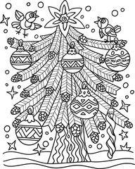 Christmas tree decorated with balls and birds. Hand drawing coloring book for children and adults. Beautiful drawings with patterns and small details. One of a series of painted pictures.