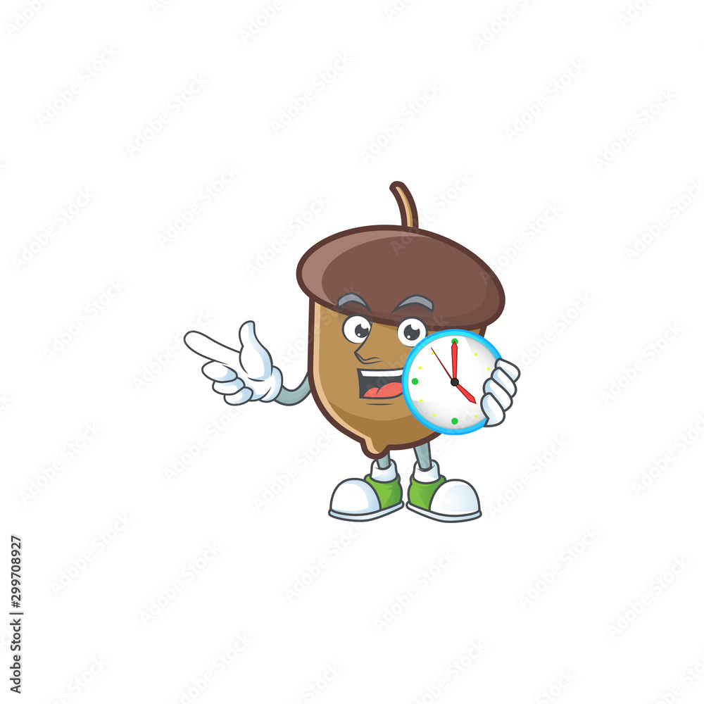 Sticker acorn mascot with bring clock on white background.