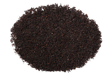 Loose dried black tea leaves. Isolated on white background. Directly Above.
