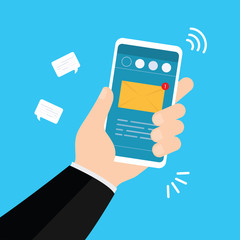 Bussniess man  holding smartphone with email symbol on the blank screen. New message on the smartphone screen concept.