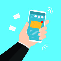Bussniess man  holding smartphone with email symbol on the blank screen. New message on the smartphone screen concept.