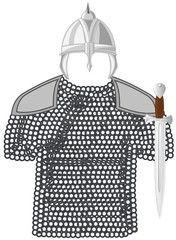 Panoply of the medieval warrior on white background is insulated