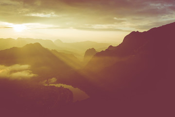 Aerial view of sunset in Nong Khiaw. North Laos. Southeast Asia. Photo made by drone from above. Bird eye view.