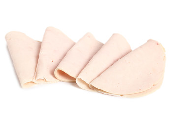 Chicken ham slices. Isolated on a white background.