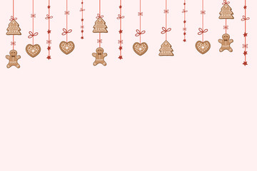 Christmas background with gingerbread cookies, gingerbread men and stars. Festive New Year design.