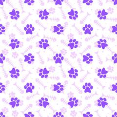 Vector seamless pattern with purple paw prints. Cute pets background for package, fabric, wallpaper, wrapping paper, labels, web design.