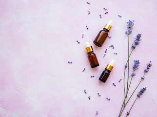 flat lay composition with lavender flowers and natural cosmetic
