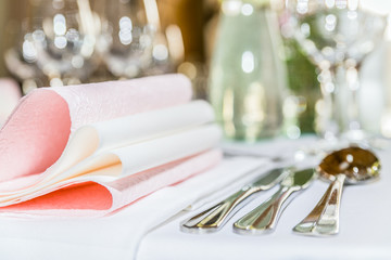 Beautiful table set for some festive event, party or wedding reception. Design, formal. Closeup