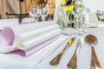 Beautiful table set for some festive event, party or wedding reception. Design, formal. Closeup