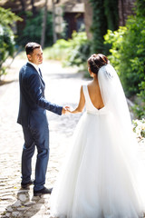 The bride and groom walk together in the park. Charming bride in a white dress, the groom is dressed in a dark elegant suit. Pretty bride and stylish groom. Wedding day. Marriage.