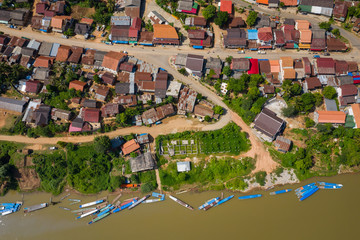 Aerial view of village of Nong Khiaw. North Laos. Southeast Asia. Photo made by drone from above. Bird eye view.