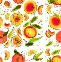 Seamless pattern of tangerines isolated on white background. Line drawing in ink and painted with bright spots of markers. Orange and green cheerful background. Healthy food poster