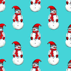 Watercolor hand drawn cute illustration of snowman. Perfect for Christmas new year greeting card