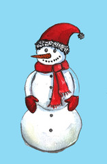 Watercolor hand drawn cute illustration of snowman. Perfect for Christmas new year greeting card