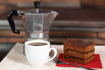 Moka Pot, Coffee Cup and Gingerbread Layer Cake with Jam
