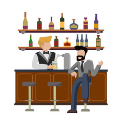 Fototapeta premium Drinking establishment. Young businessman sitting at bar counter. Guy orders a glass of foamy light beer and talking with barkeeper. Pub bartender serving client. Bar beer tap pump, stools, bottles.