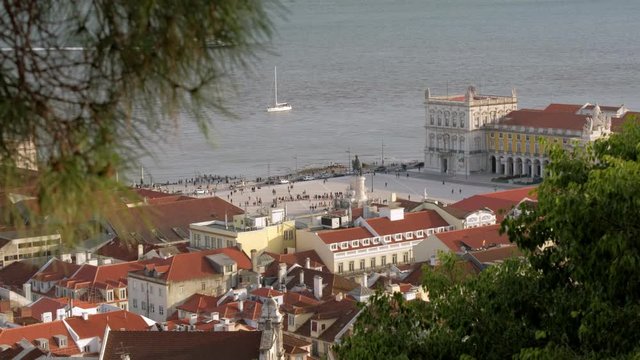 Elevated static telephoto clip of Praca Commercial in Lisbon
