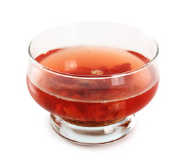 Gelatin dessert with chocolate cookies in bowl. Isolated with clipping path.