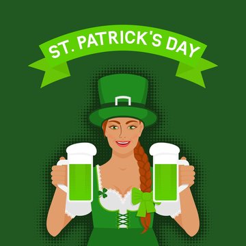 St. Patrick's day greeting card. Redhead Irish girl holding two mugs of green beer
