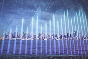 Forex graph on city view with skyscrapers background double exposure. Financial analysis concept.