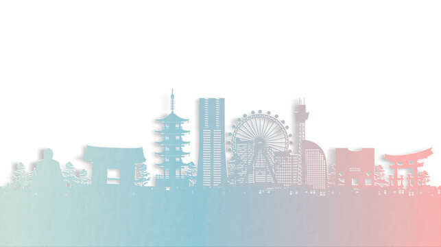 Travel poster with Yokohama, Japan famous landmark in paper cut style vector illustration.