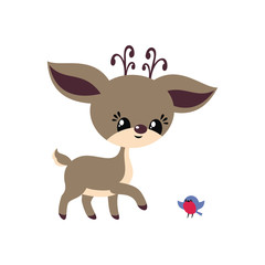 Cute little deer in cartoon style. Christmas vector illustration isolated on a white background.