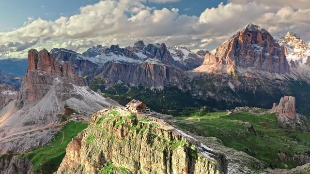Mountain shelter nuvolau at Passo Giau in Dolomites, aerial view