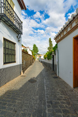 Obraz premium A small narrow street with white houses and abundant greenery in the old European city