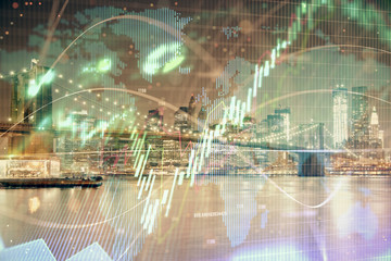 Financial chart on city scape with tall buildings background multi exposure. Analysis concept.