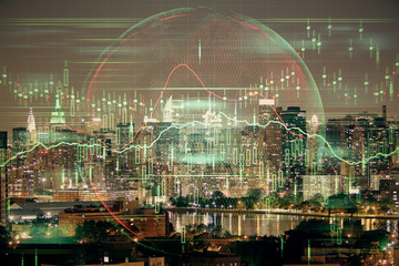 Double exposure of forex chart drawings over cityscape background. Concept of success.
