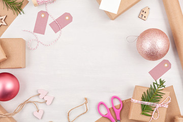 Creative hobby mockup. DIY Christmas handmade greeting cards, decoration. Process of christmas gifts wrapping