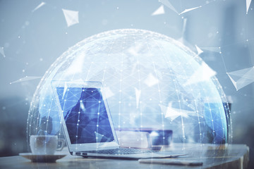 Multi exposure of business theme icons and table with computer background. Concept of success.