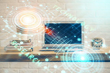 Technology theme drawing and table with computer. Double exposure. Concept of information.