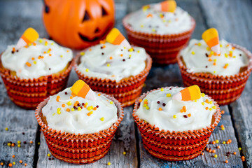 Halloween candy corn cupcakes ,  traditional treats for Halloween party
