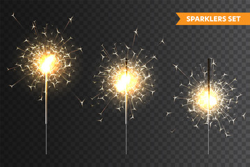 Realistic Christmas sparkler collection on transparent background. Bengal fire effect. Festive bright fireworks with sparks. New Year decoration. Burning sparkling candle. Vector illustration.
