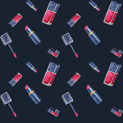 Seamless pattern with watercolor lip gloss and pink lipstick in black tube.