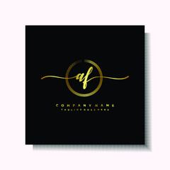 Initial AF Handwriting logo brush circle template is gold color. Handwriting logo minimalist Gold color luxury