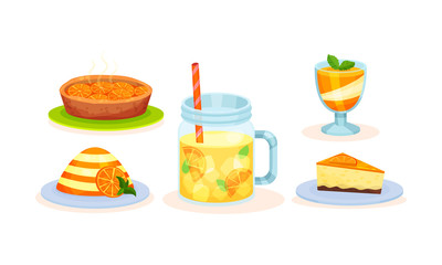 Desserts and drinks from orange. Vector illustration on a white background.