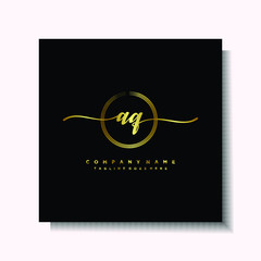 Initial AQ Handwriting logo brush circle template is gold color. Handwriting logo minimalist Gold color luxury