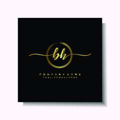 Initial BH Handwriting logo brush circle template is gold color. Handwriting logo minimalist Gold color luxury