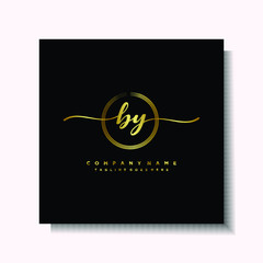 Initial BY Handwriting logo brush circle template is gold color. Handwriting logo minimalist Gold color luxury