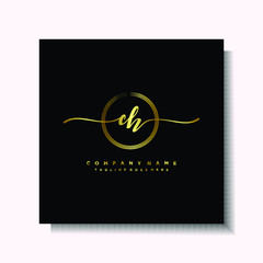 Initial CH Handwriting logo brush circle template is gold color. Handwriting logo minimalist Gold color luxury