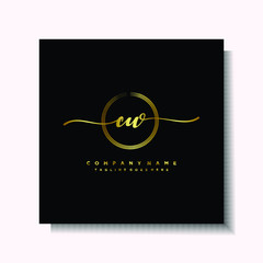 Initial CW Handwriting logo brush circle template is gold color. Handwriting logo minimalist Gold color luxury