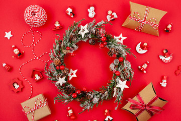 Flat lay with bright christmas decoration. New year celebration and christmas concept