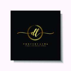 Initial DL Handwriting logo brush circle template is gold color. Handwriting logo minimalist Gold color luxury