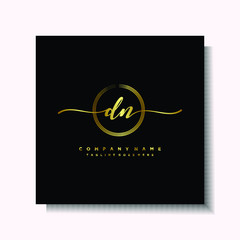 Initial DN Handwriting logo brush circle template is gold color. Handwriting logo minimalist Gold color luxury