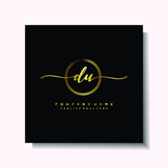 Initial DU Handwriting logo brush circle template is gold color. Handwriting logo minimalist Gold color luxury