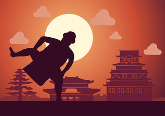 Fat man battle of Japan called Sumo ready to fight pose in front of palace and castle of Japanese style,silhouette design